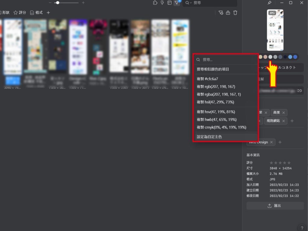 Eagle在儲存靈感後,會直接抓取該圖像的色碼